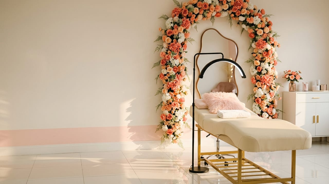 O studio: maca creme de base dourada, arco de flores rosa e brancas e espelho orgânico