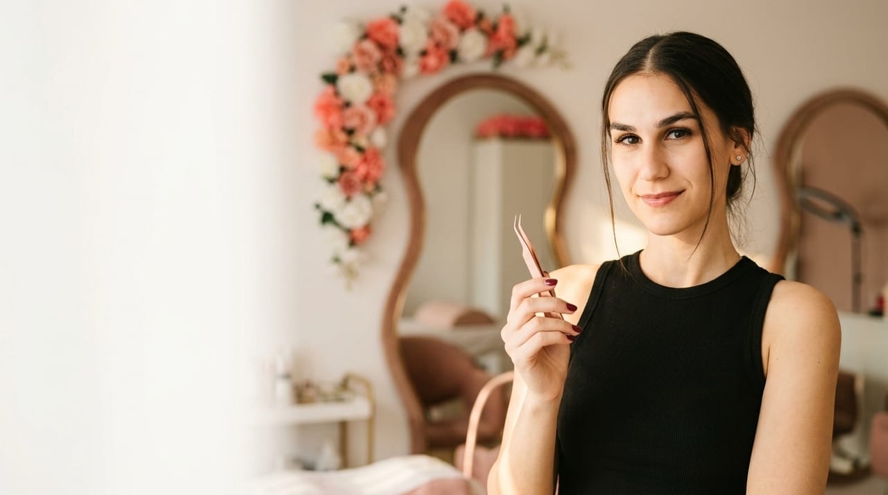 Luana Bitdinger no studio, de blusa preta, segurando uma pinça de cílios